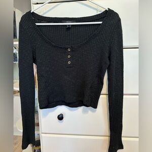 Forever 21 Black Buttoned Ribbed Long Sleeve Top